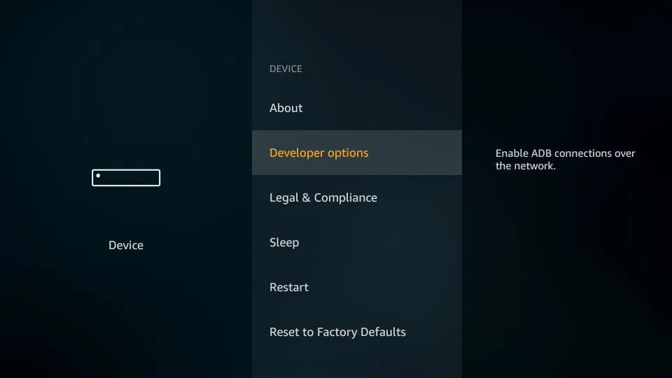 Firestick Developer Options screen