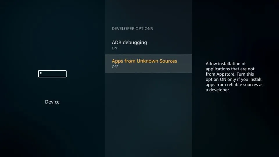 Firestick Developer Options menu