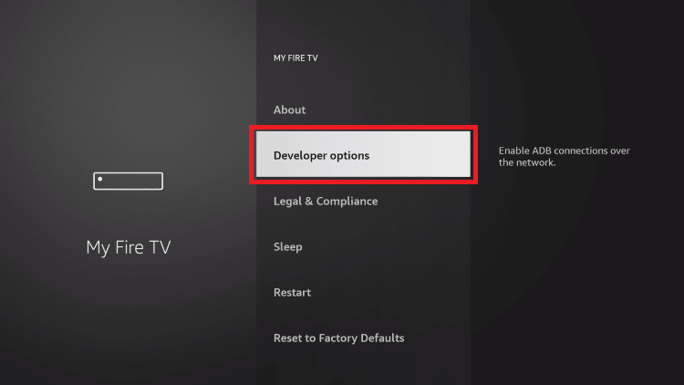 Firestick My Fire TV menu with Developer Options highlighted