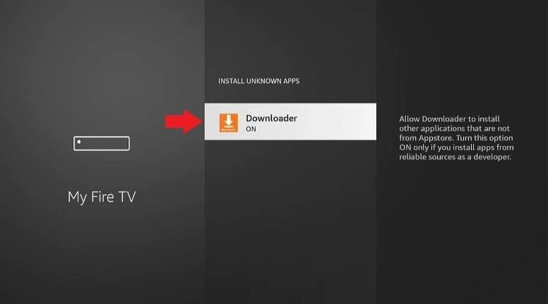Firestick My Fire TV menu with Downloader highlighted