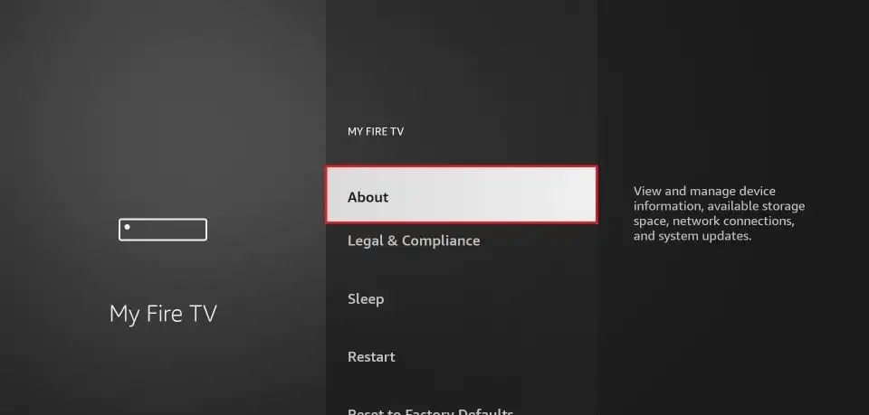 Firestick My Fire TV menu with About highlighted