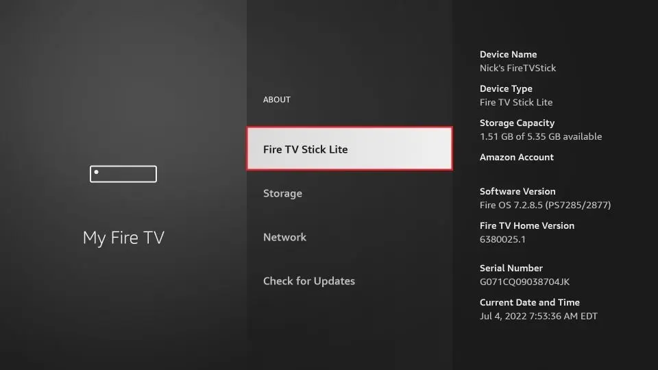 Fire TV Stick About screen showing the device name