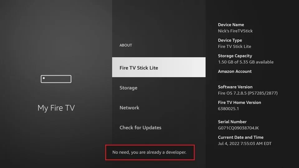 Firestick confirmation message after enabling developer options