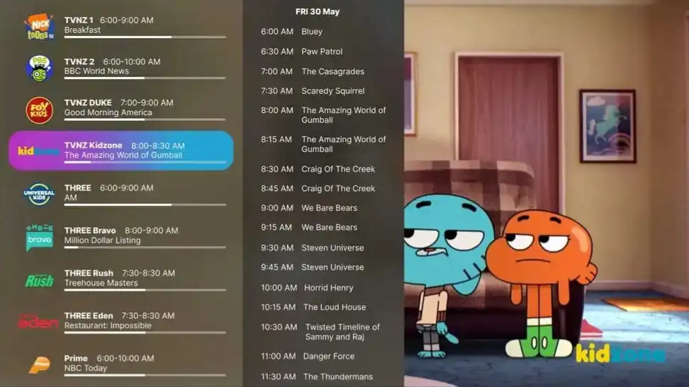 Electronic Programme Guide showing IPTV channels and programme schedules