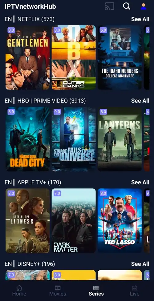 IPTVNetworkHub app showing live TV and on-demand movie rows