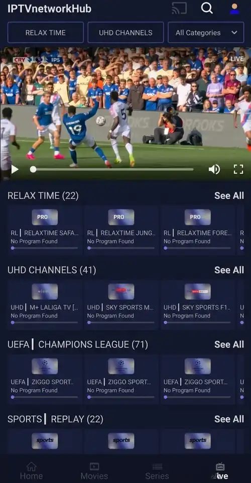 IPTVNetworkHub app on a tablet showing on-demand rows