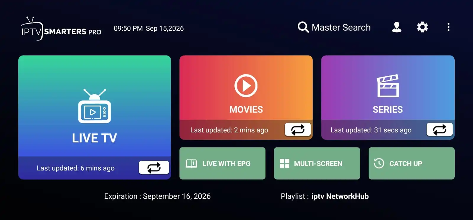 IPTVNetworkHub live guide on a smart TV